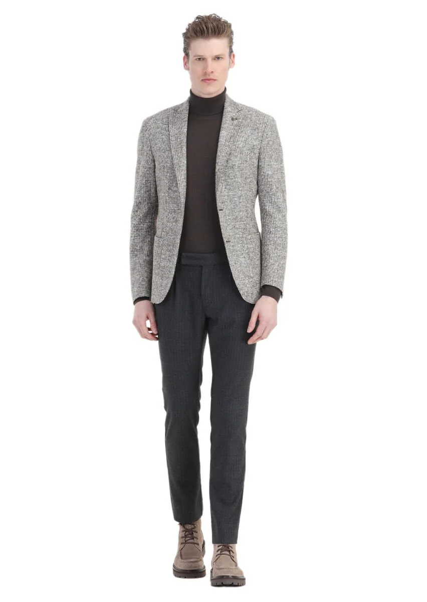 Bej Kareli Shirt Shoulder Slim Fit Yün Karışımlı Örme Ceket - 2