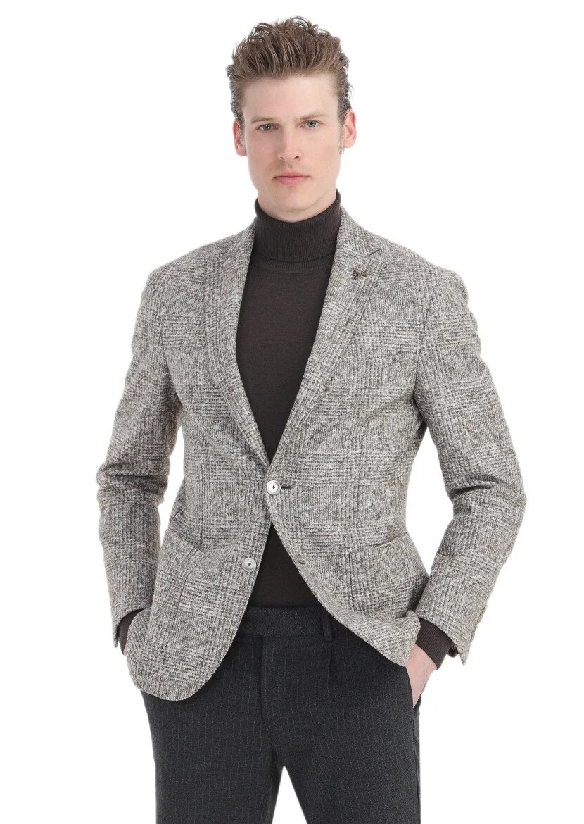 Bej Kareli Shirt Shoulder Slim Fit Yün Karışımlı Örme Ceket - 3