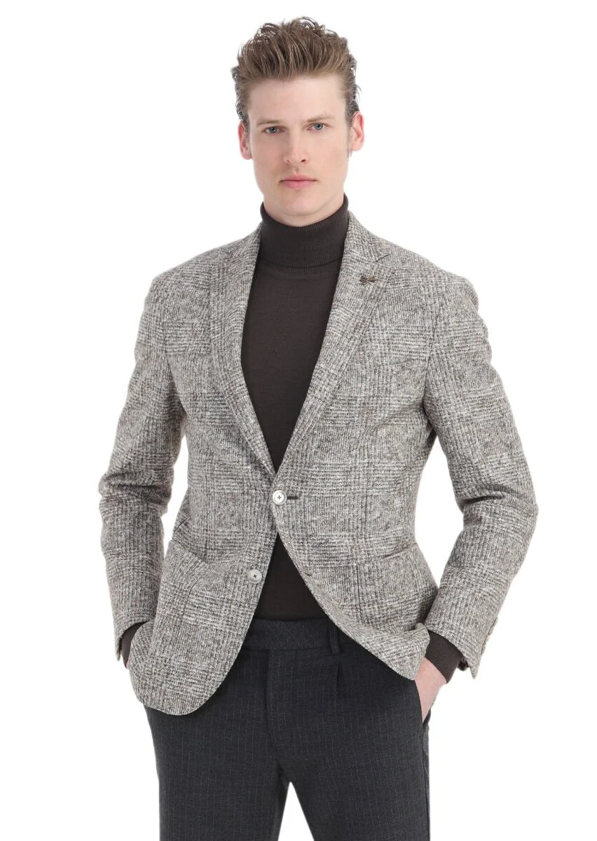 Bej Kareli Shirt Shoulder Slim Fit Yün Karışımlı Örme Ceket - 3