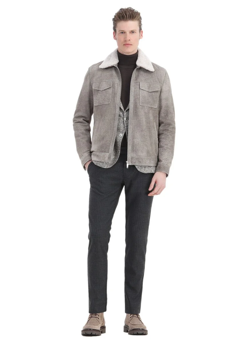 Bej Kareli Shirt Shoulder Slim Fit Yün Karışımlı Örme Ceket - 4