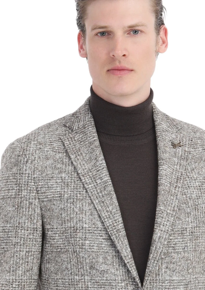 Bej Kareli Shirt Shoulder Slim Fit Yün Karışımlı Örme Ceket - 5