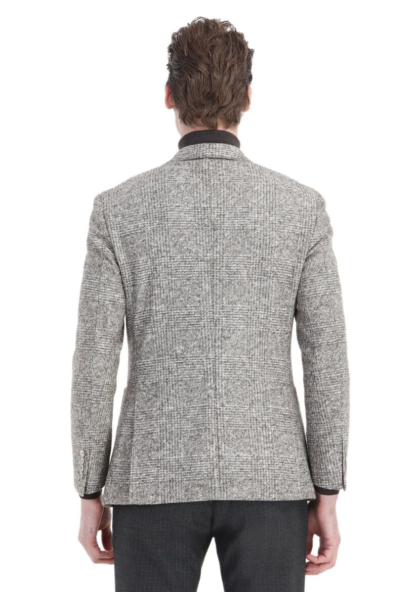 Bej Kareli Shirt Shoulder Slim Fit Yün Karışımlı Örme Ceket - 7