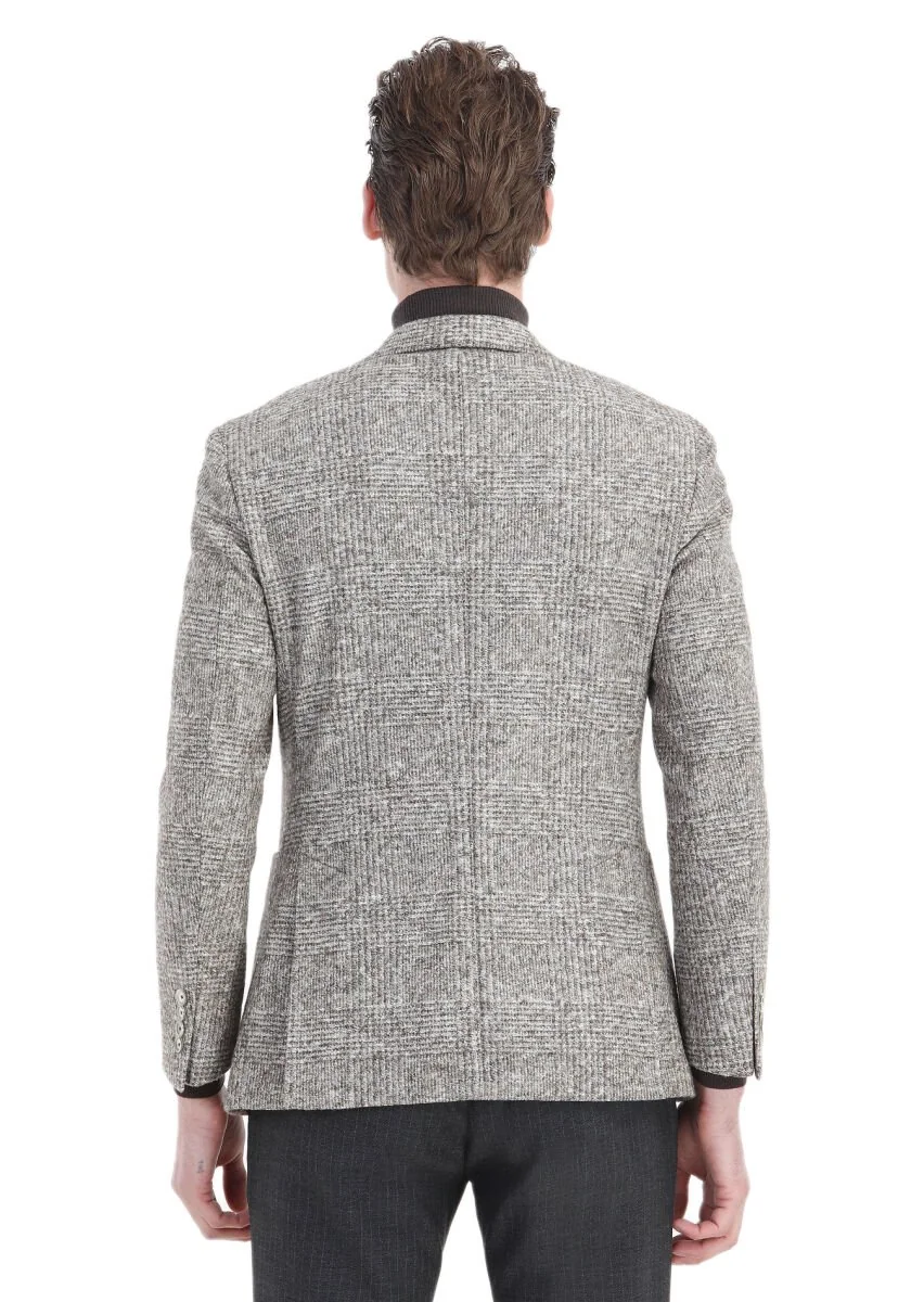 Bej Kareli Shirt Shoulder Slim Fit Yün Karışımlı Örme Ceket - 7