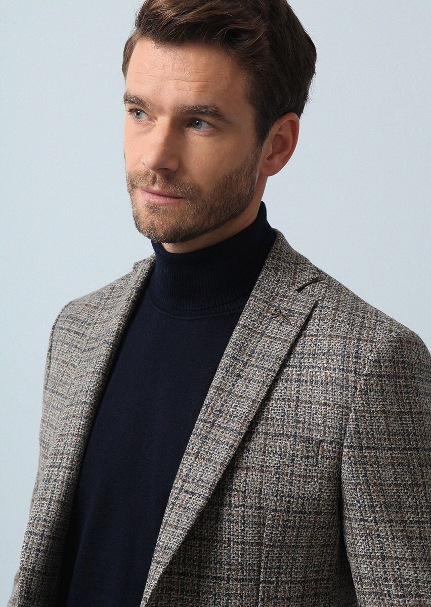 Bej Kareli Zeroweight Slim Fit Yün Karışımlı Ceket - 1