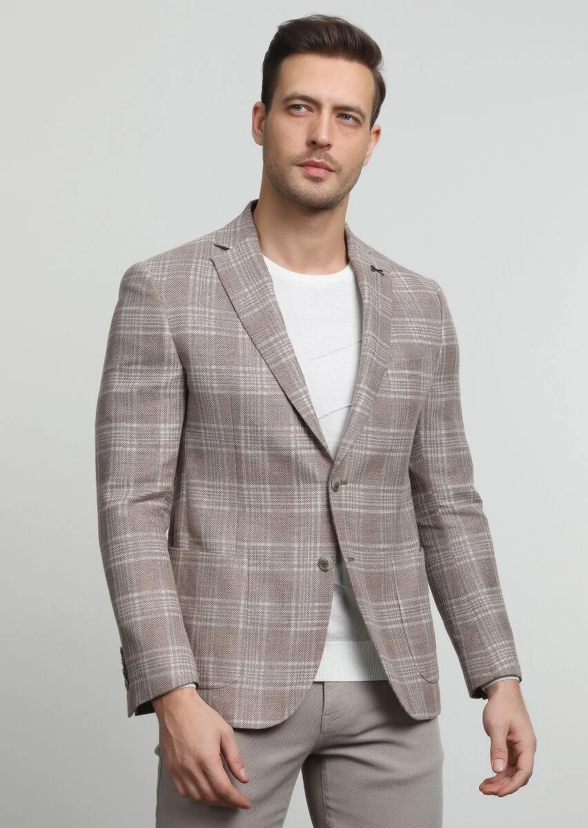 Bej Kareli Zeroweight Slim Fit Yün Karışımlı Ceket - 1