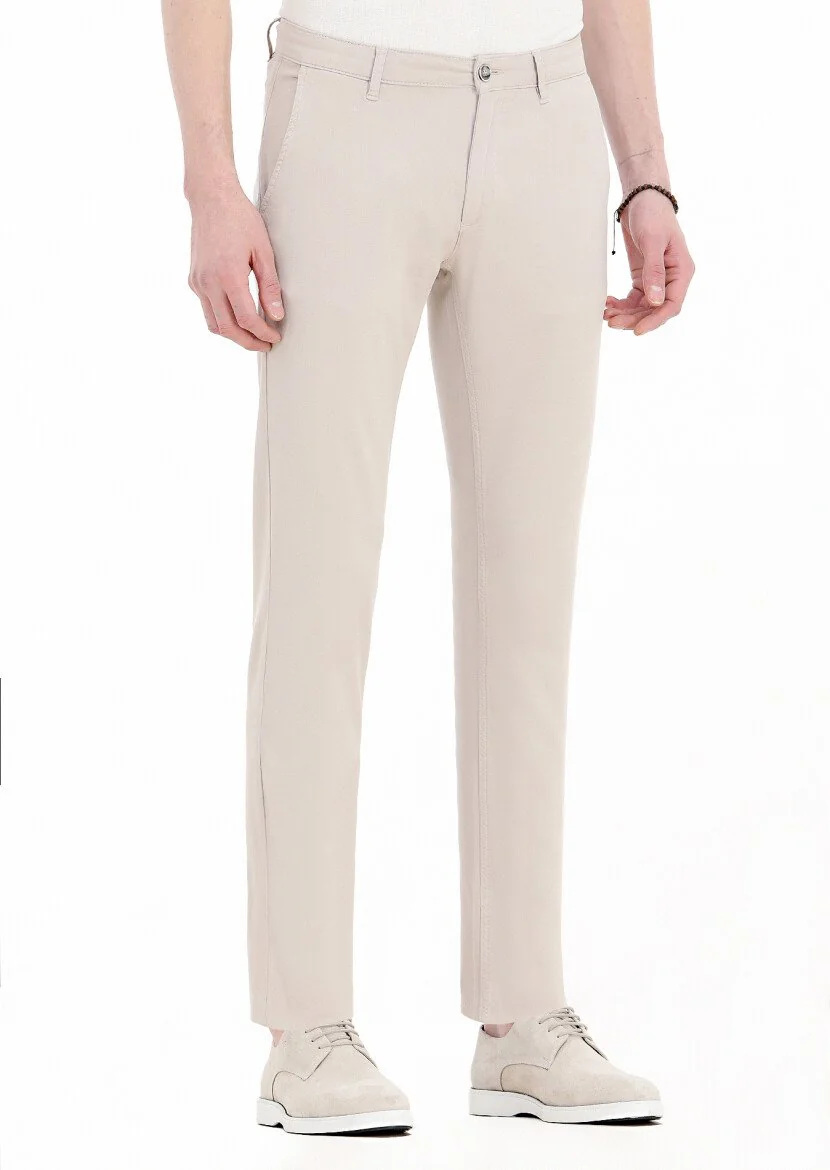 Bej Mikro Dokuma Slim Fit Casual Pamuk Karışımlı Pantolon 