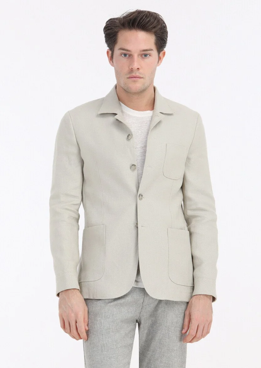 Bej Mikro Shirt Shoulder Slim Fit %100 Keten Ceket - 3