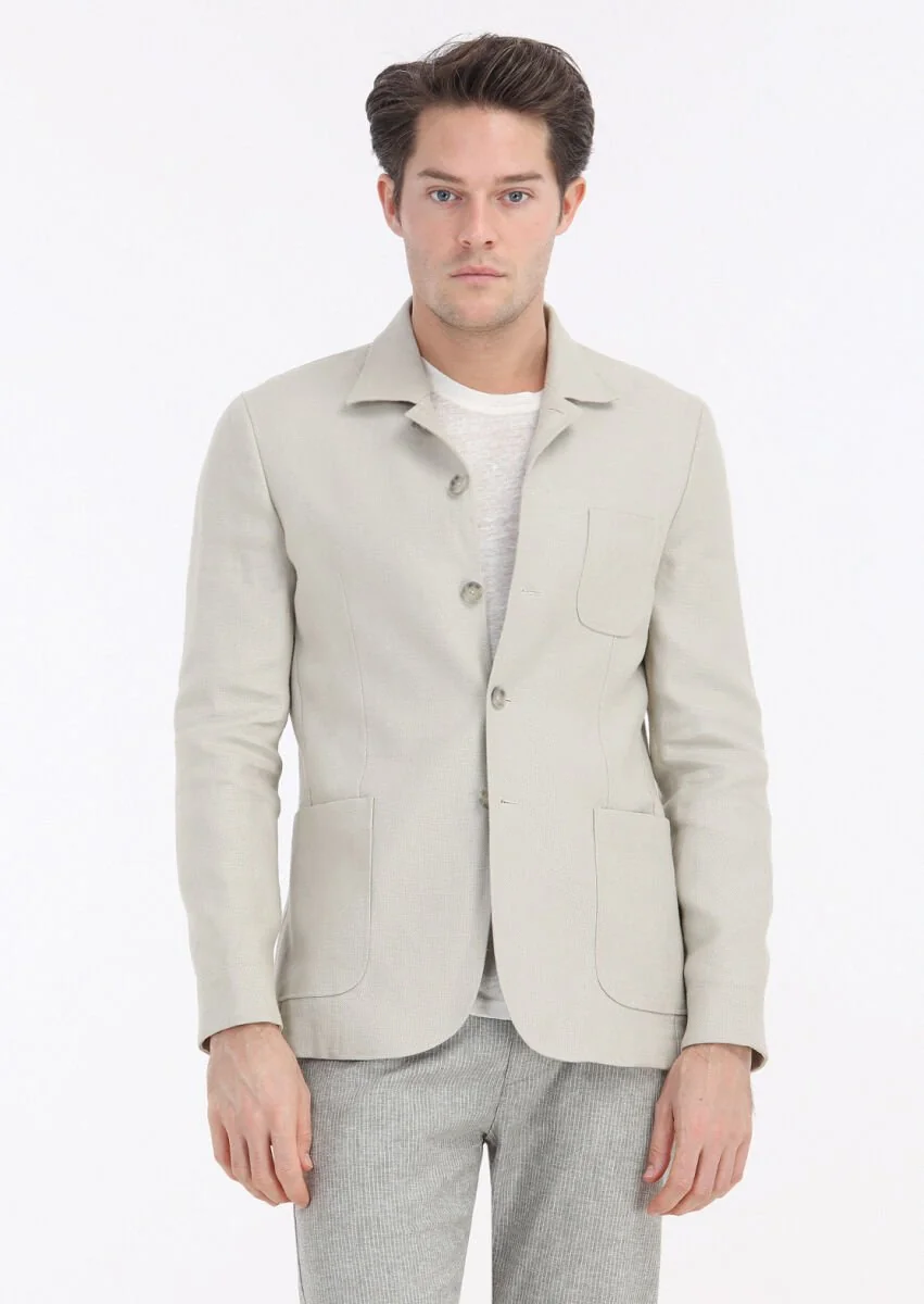 Bej Mikro Shirt Shoulder Slim Fit %100 Keten Ceket - 3