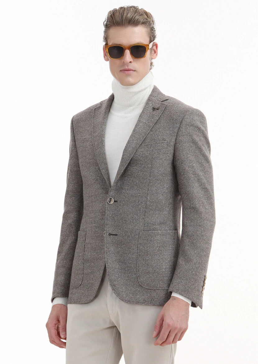 Bej Mikro Zeroweight Slim Fit %100 Yün Ceket - 1