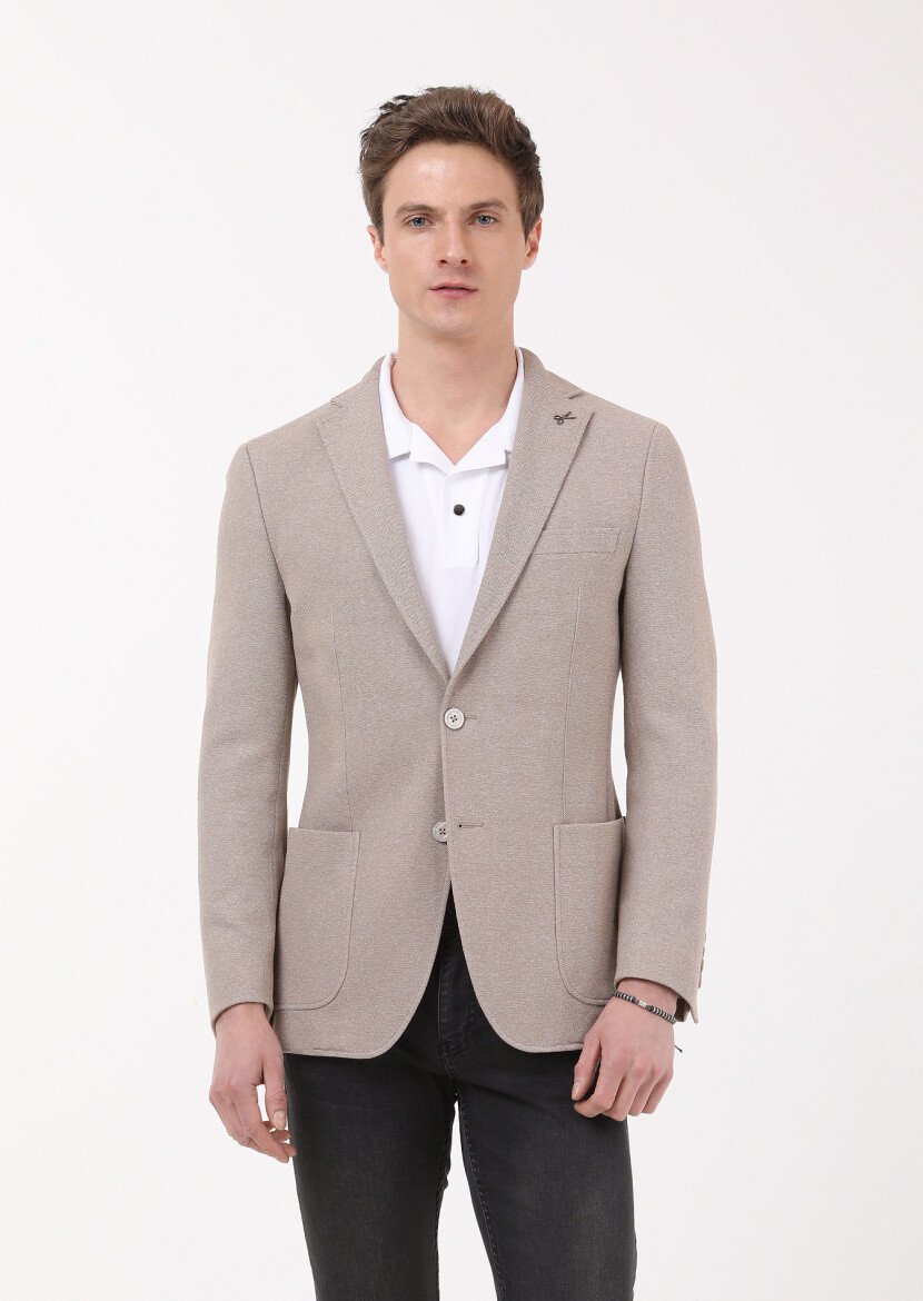 Bej Mikro Zeroweight Slim Fit Pamuk Karışımlı Örme Ceket - 1