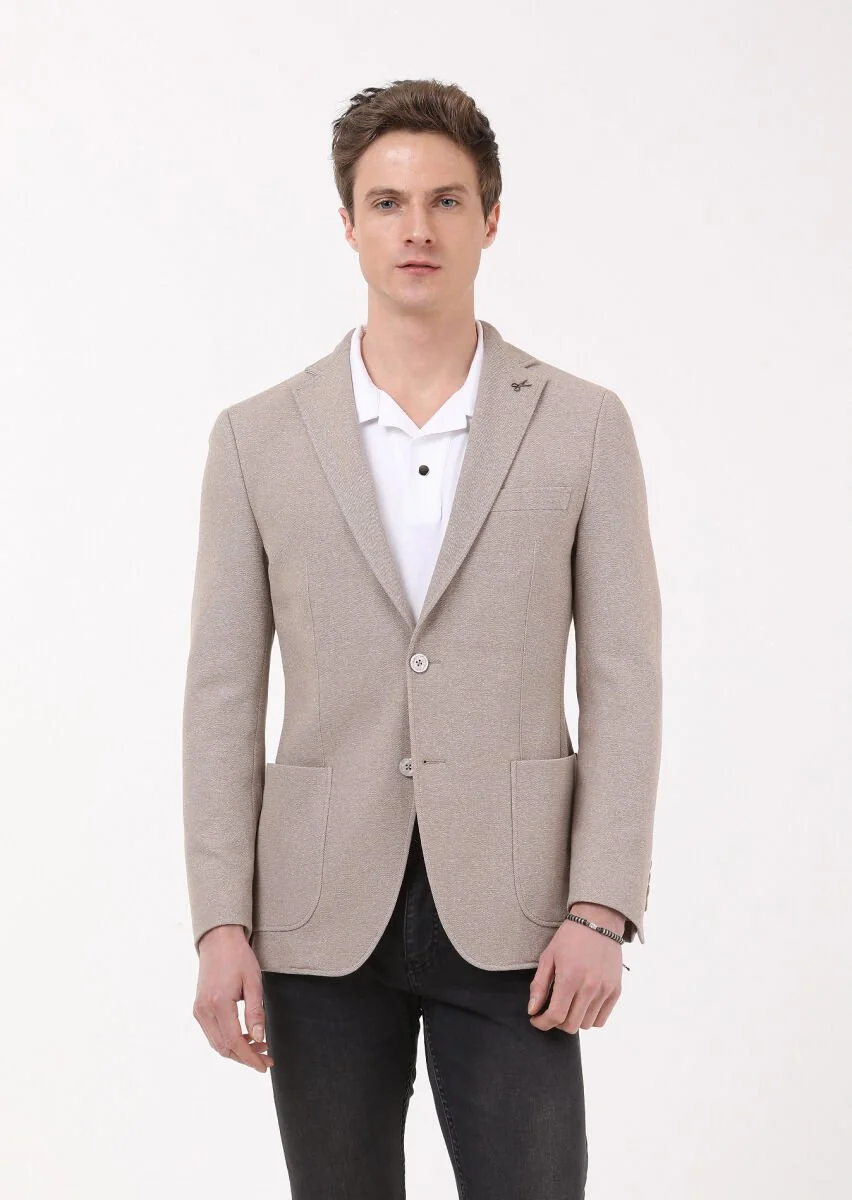 Bej Mikro Zeroweight Slim Fit Pamuk Karışımlı Örme Ceket - 1
