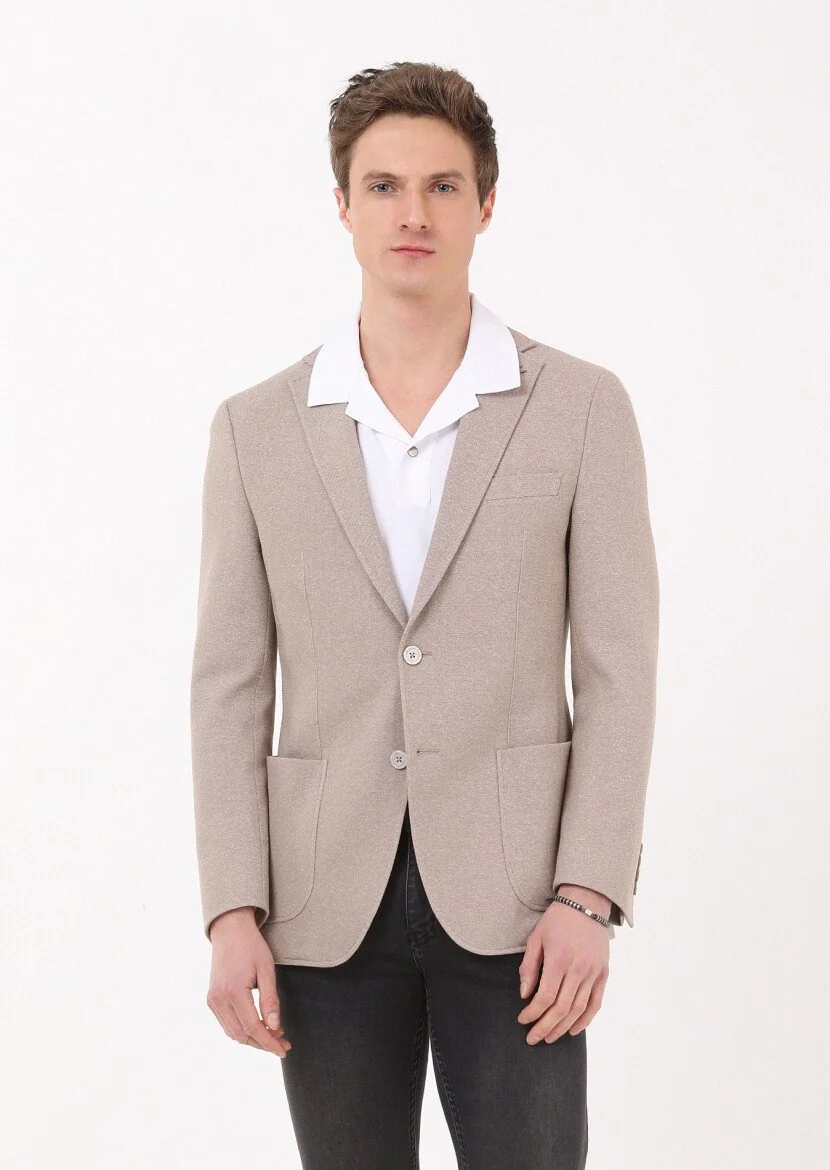 Bej Mikro Zeroweight Slim Fit Pamuk Karışımlı Örme Ceket - 3