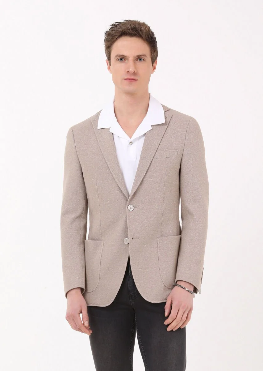 Bej Mikro Zeroweight Slim Fit Pamuk Karışımlı Örme Ceket - 3