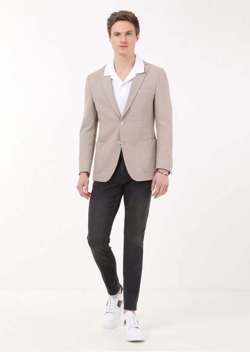 Bej Mikro Zeroweight Slim Fit Pamuk Karışımlı Örme Ceket - 4
