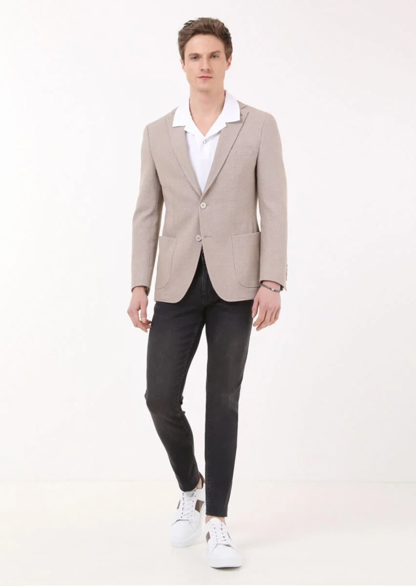 Bej Mikro Zeroweight Slim Fit Pamuk Karışımlı Örme Ceket - 4
