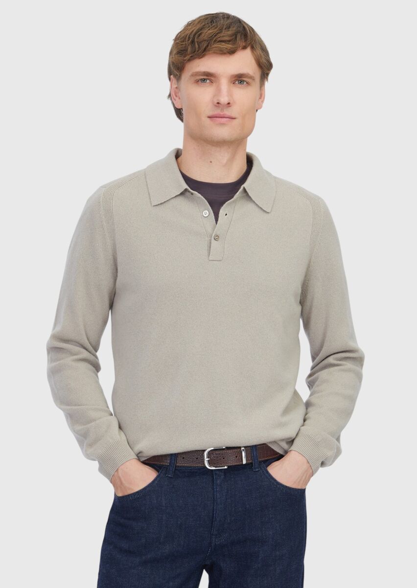 Bej Polo Yaka Düz Örgü %100 Kaşmir Triko Kazak - 1