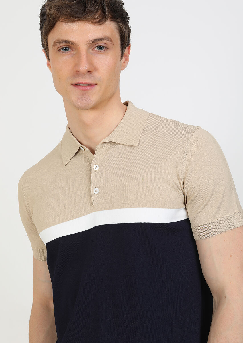 Bej Polo Yaka Düz Örgü Triko - 1