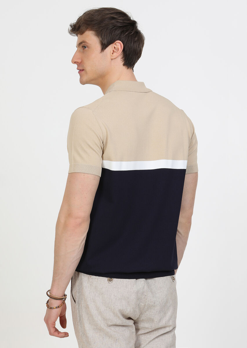 Bej Polo Yaka Düz Örgü Triko - 5