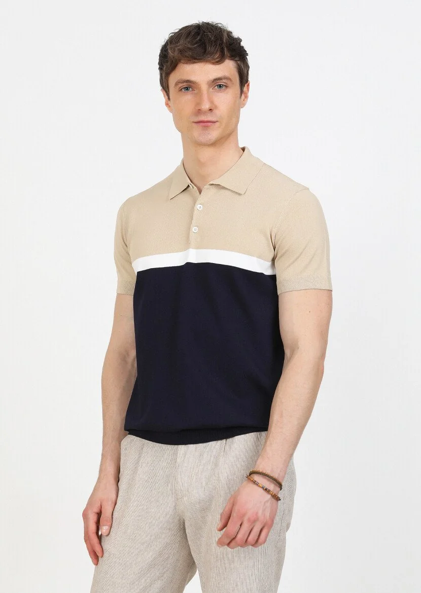 Bej Polo Yaka Düz Örgü Triko - 3
