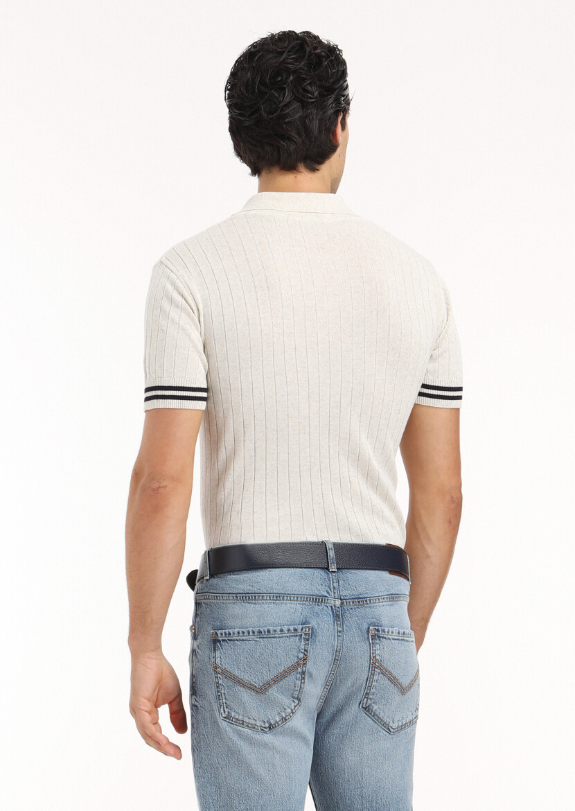 Bej Polo Yaka Jakarlı Keten Karışımlı Triko - 6