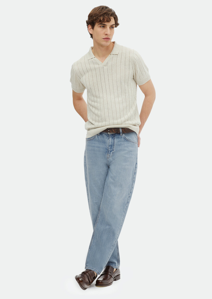 Bej Polo Yaka Jakarlı Keten Karışımlı Triko 