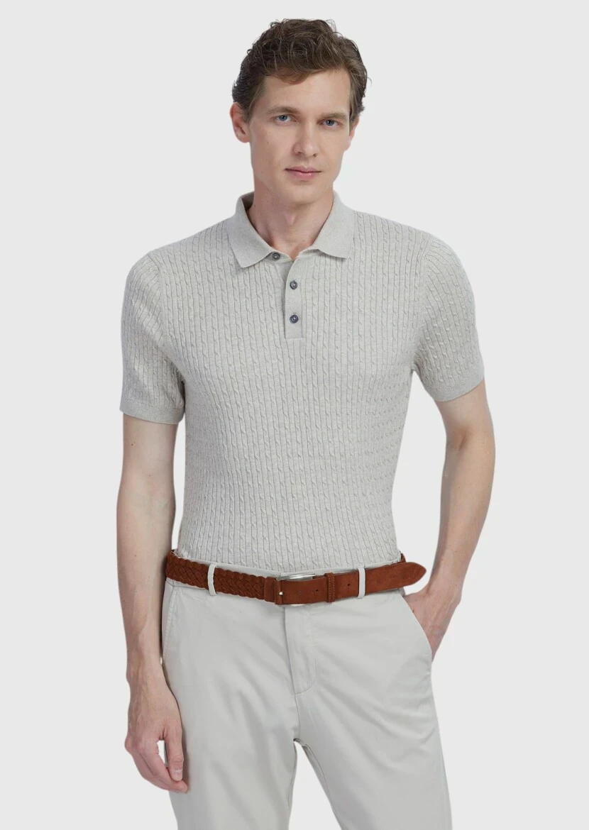 Bej Polo Yaka Jakarlı Pamuk Karışımlı Triko - 1