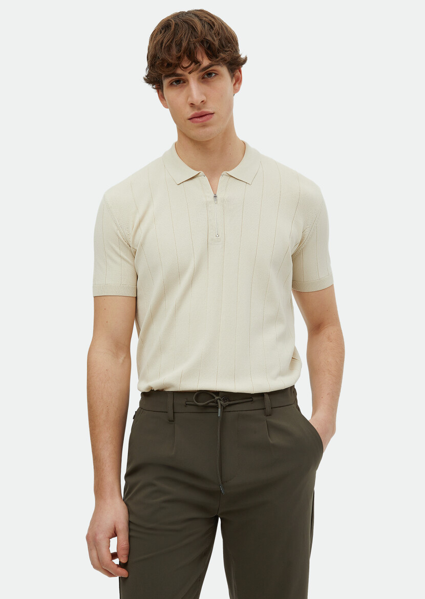 Bej Polo Yaka Jakarlı Triko - RAMSEY