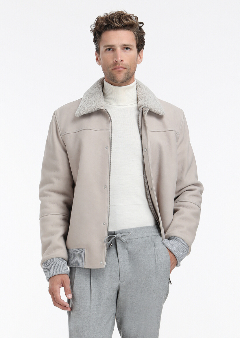 Bej Regular Fit Bebe Yaka Casual Süet Deri Mont - 1