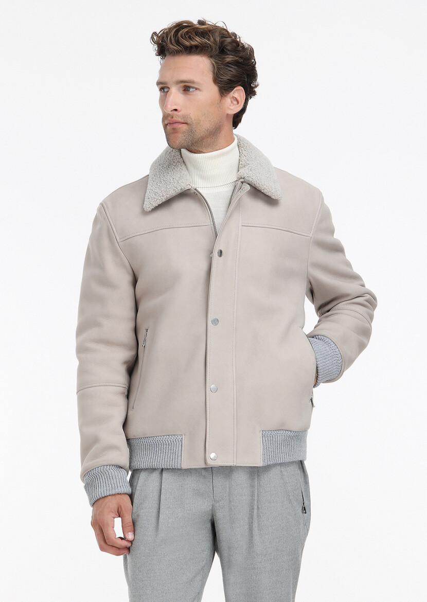 Bej Regular Fit Bebe Yaka Casual Süet Deri Mont - 3