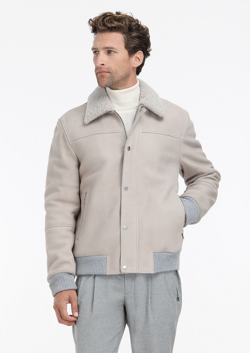 Bej Regular Fit Bebe Yaka Casual Süet Deri Mont - 3