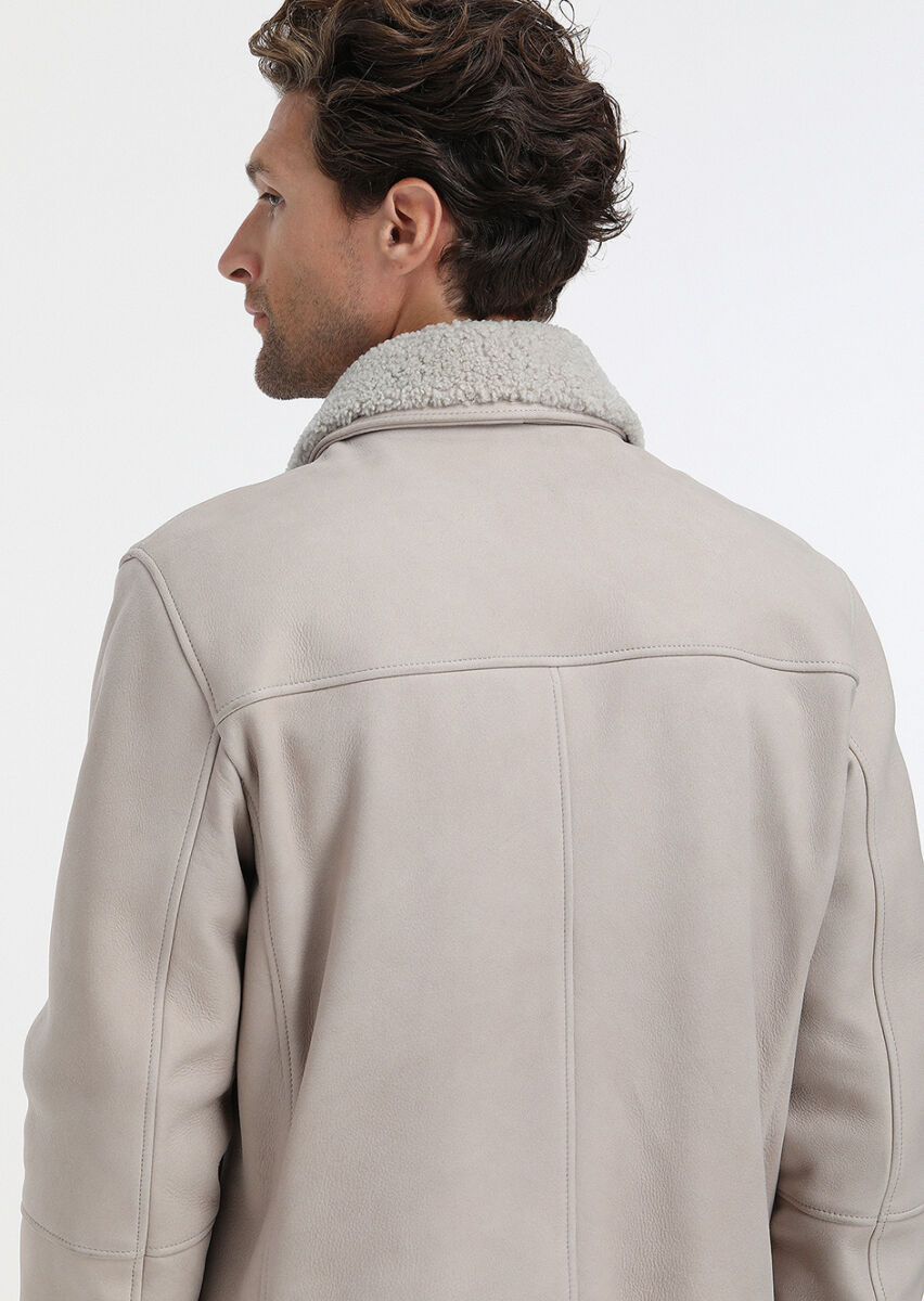 Bej Regular Fit Bebe Yaka Casual Süet Deri Mont - 6