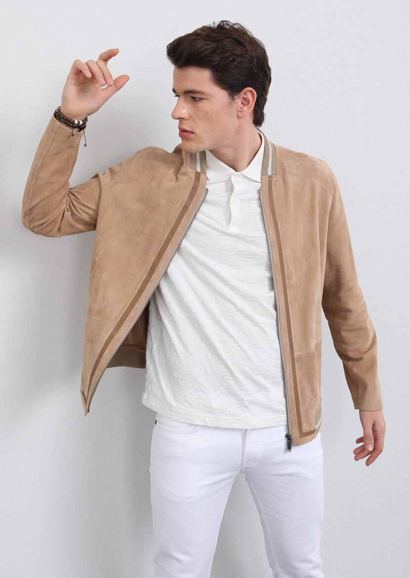 Bej Regular Fit Dik Yaka Casual Deri Deri Mont - 3