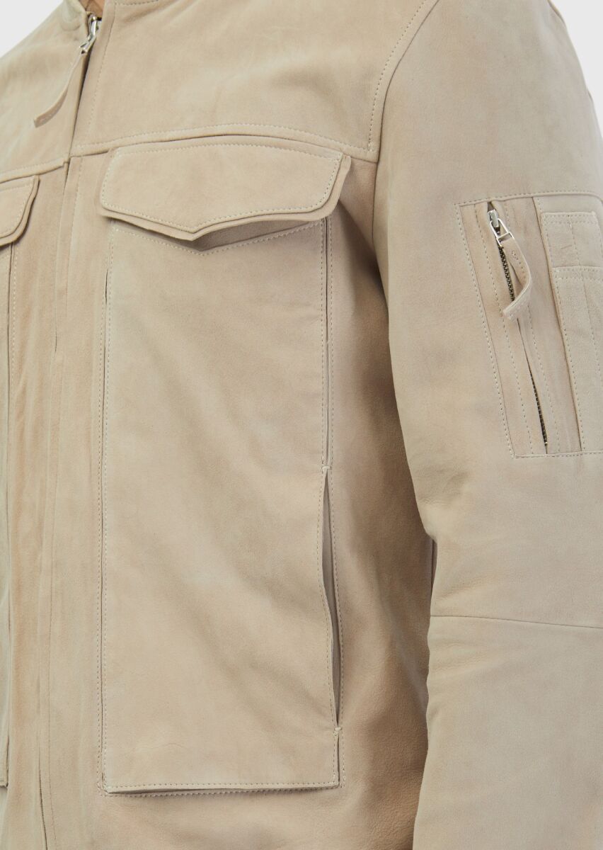 Bej Regular Fit Dik Yaka Casual Deri Mont - 5