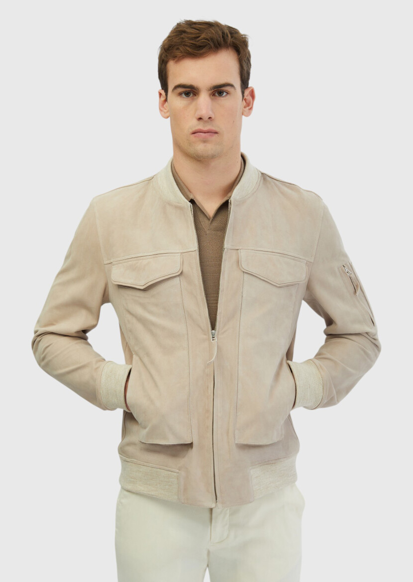 Bej Regular Fit Dik Yaka Casual Deri Mont - RAMSEY