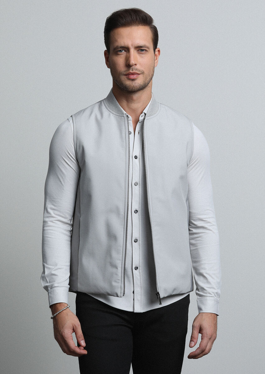 Bej Regular Fit Dik Yaka Casual Dokuma Spor Yelek - 1