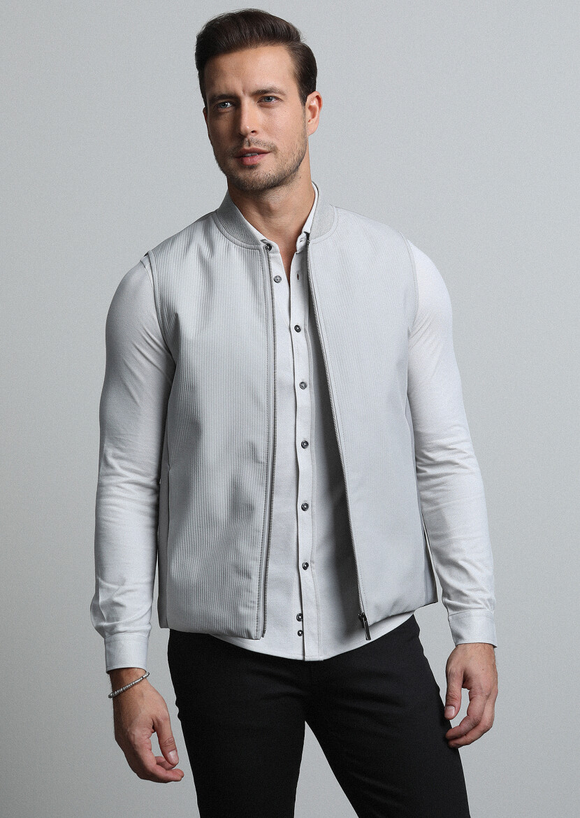 Bej Regular Fit Dik Yaka Casual Dokuma Spor Yelek - 3