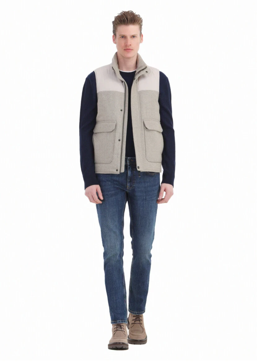 Bej Regular Fit Dik Yaka Casual Dokuma Spor Yelek - 2