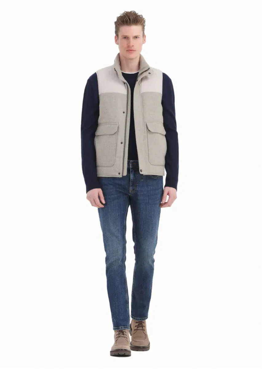 Bej Regular Fit Dik Yaka Casual Dokuma Spor Yelek - 2