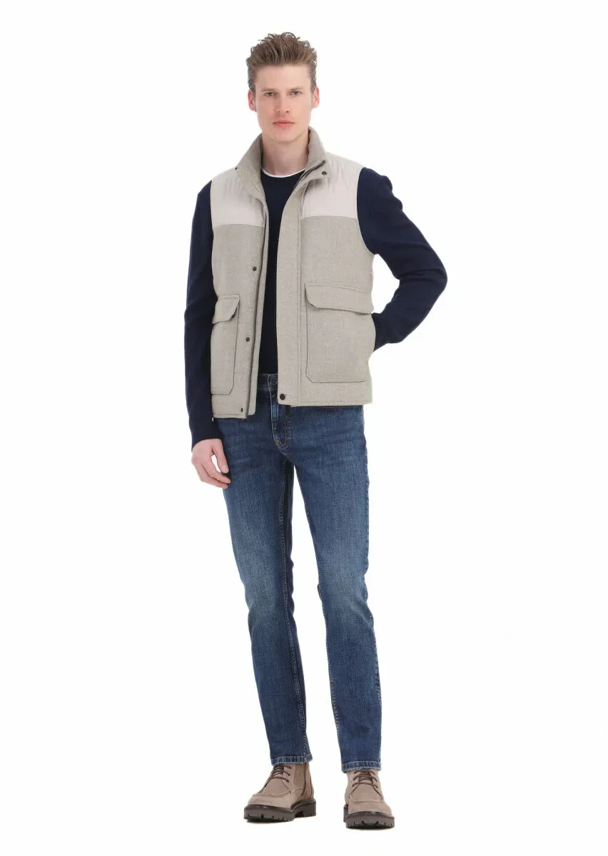 Bej Regular Fit Dik Yaka Casual Dokuma Spor Yelek - 3