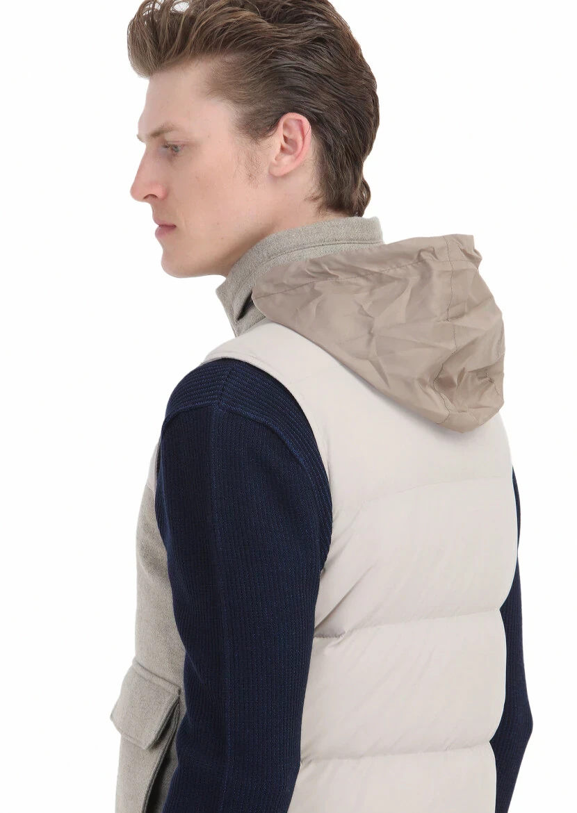 Bej Regular Fit Dik Yaka Casual Dokuma Spor Yelek - 5
