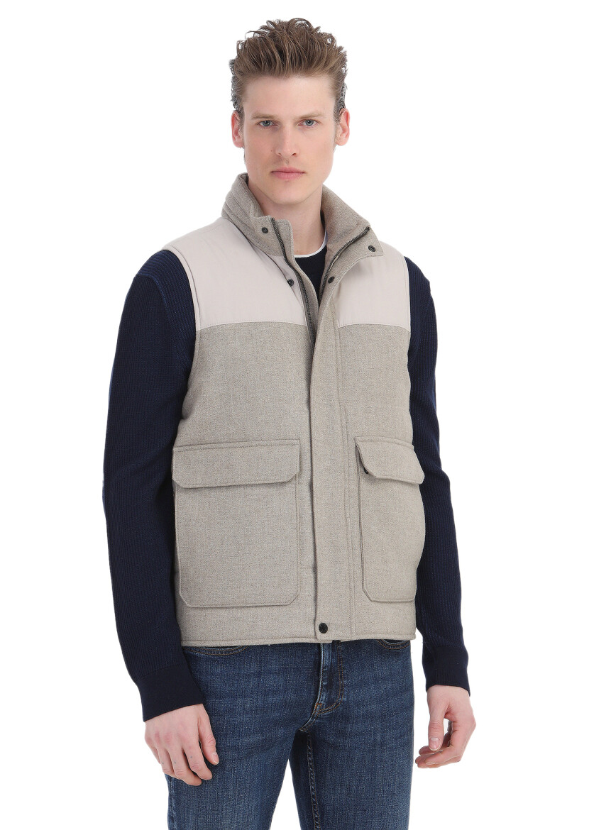 Bej Regular Fit Dik Yaka Casual Dokuma Spor Yelek - 1