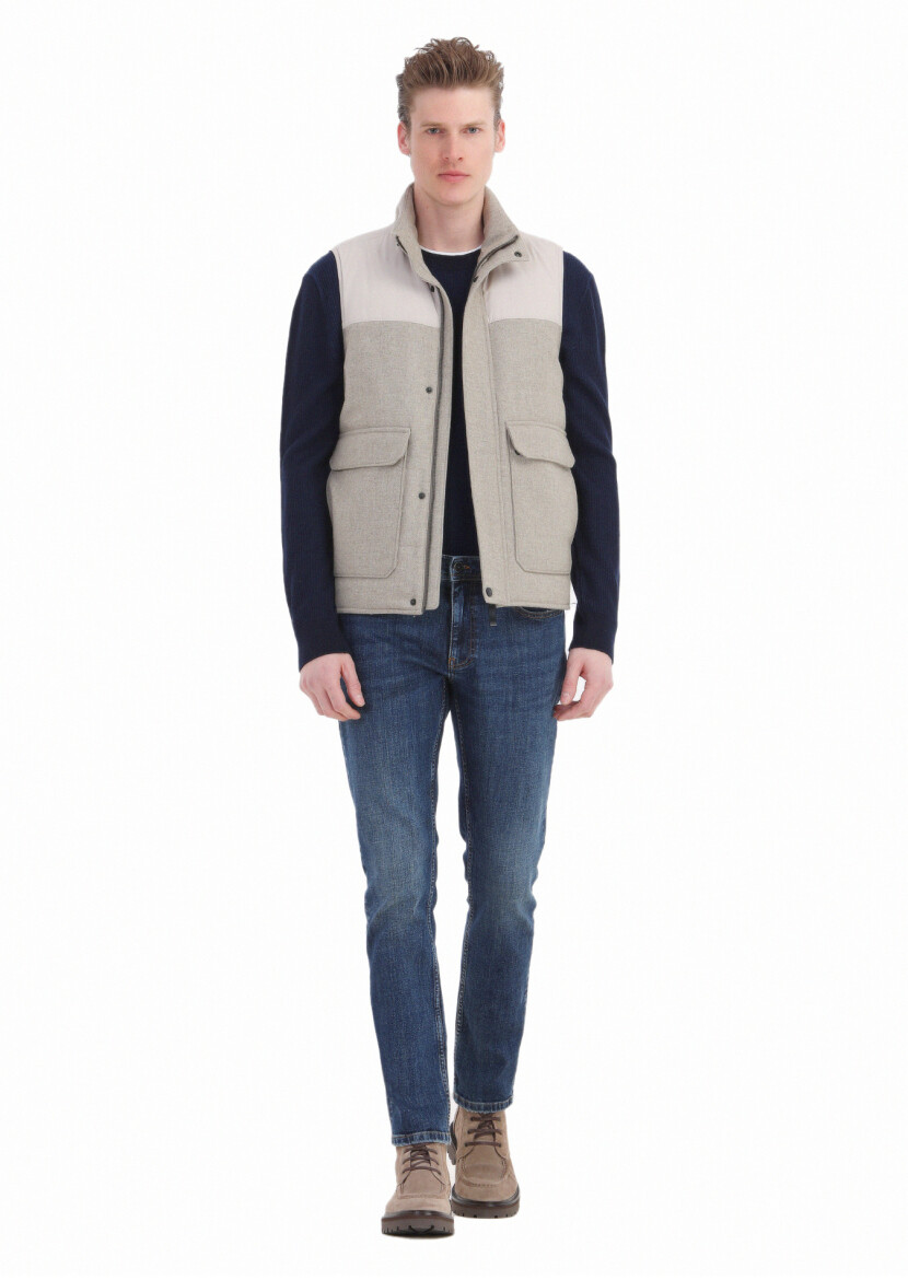 Bej Regular Fit Dik Yaka Casual Dokuma Spor Yelek - 2