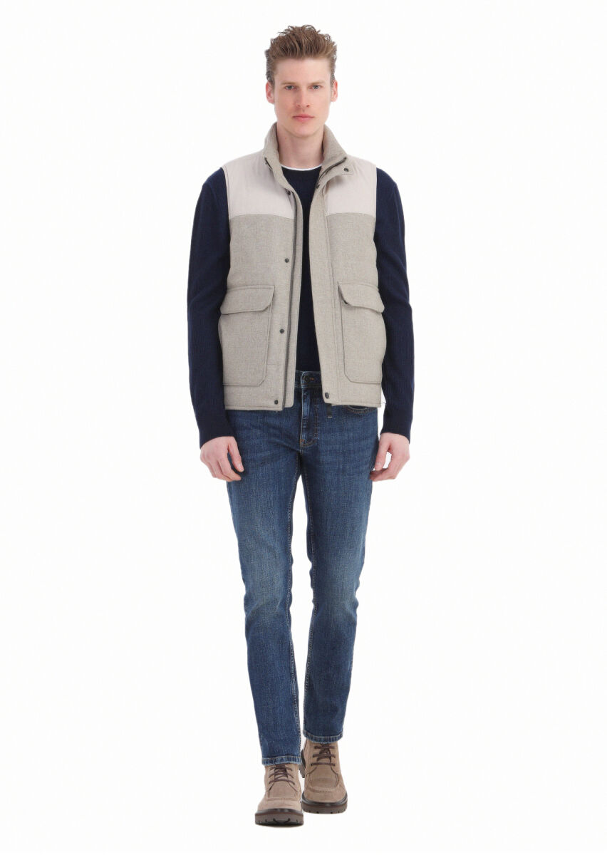 Bej Regular Fit Dik Yaka Casual Dokuma Spor Yelek - 2