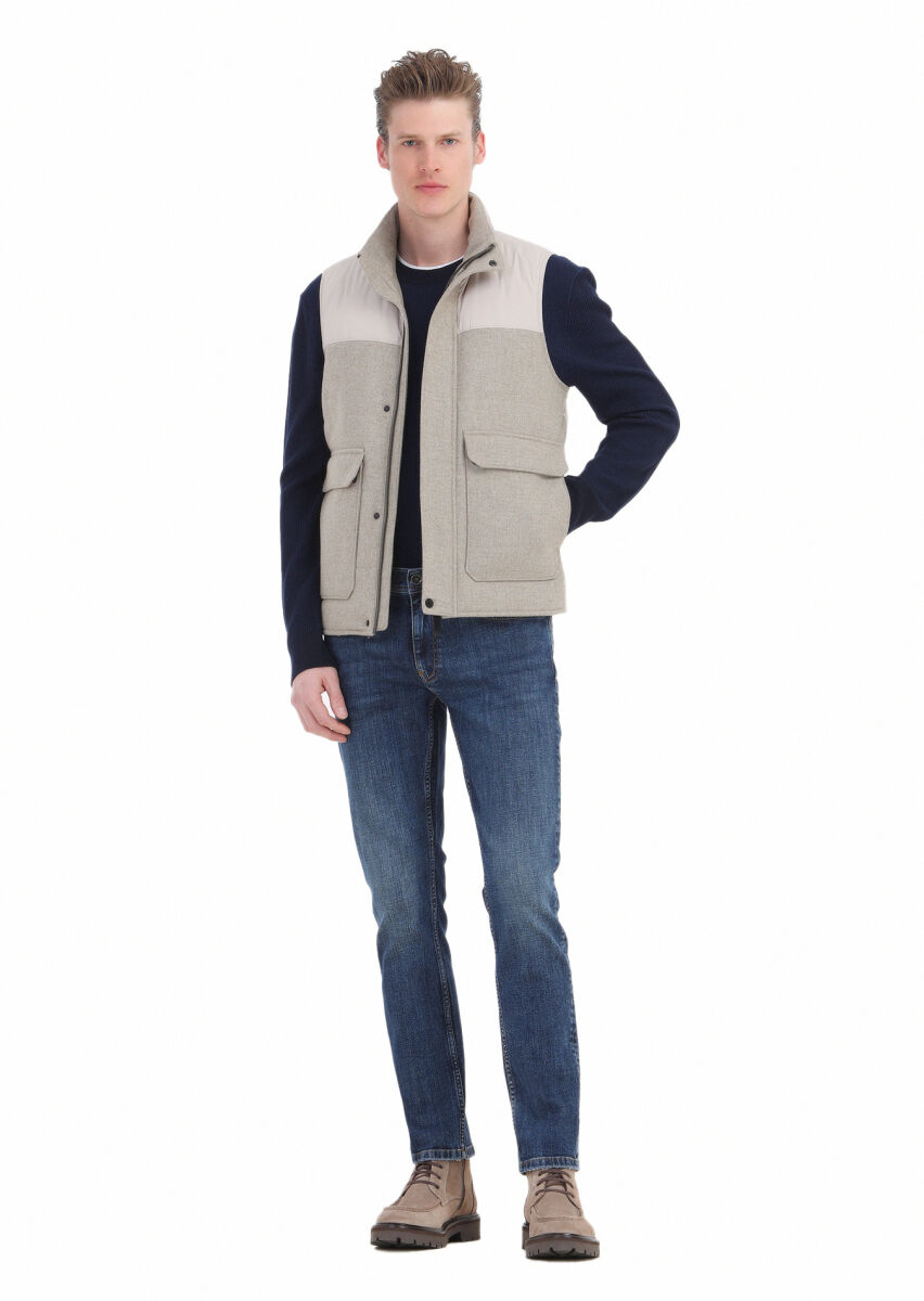 Bej Regular Fit Dik Yaka Casual Dokuma Spor Yelek - 3