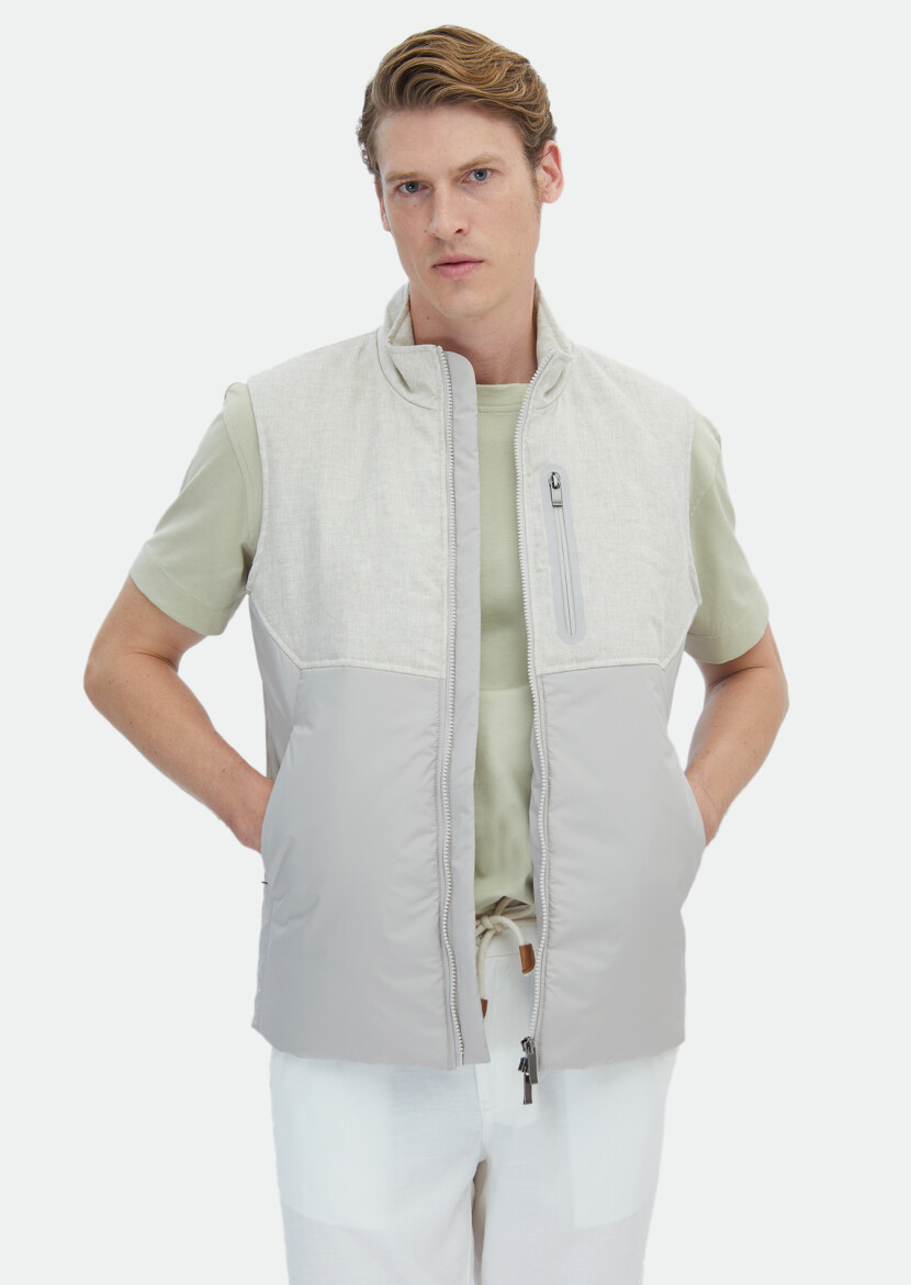 Bej Regular Fit Dik Yaka Casual Dokuma Spor Yelek - 1