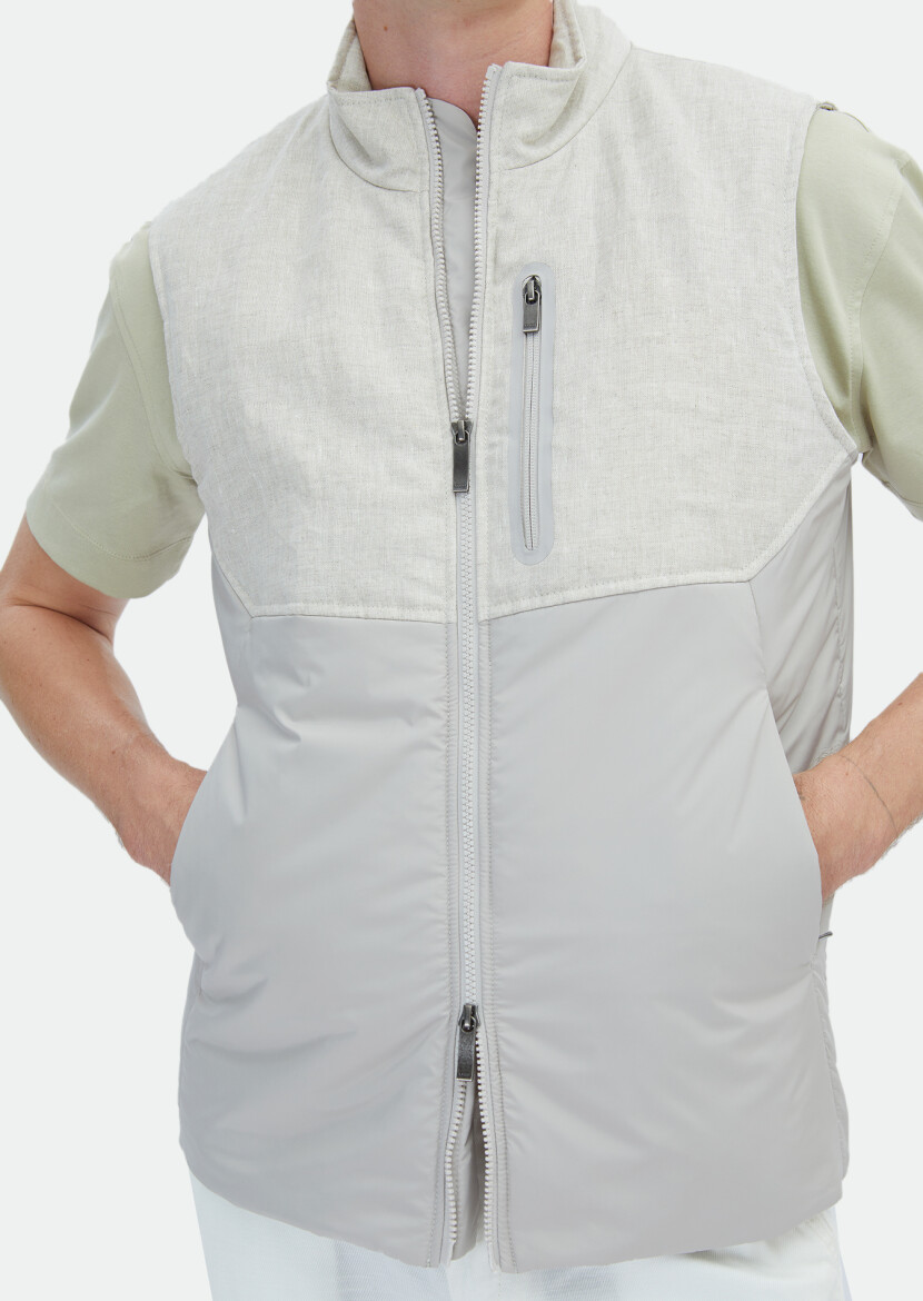 Bej Regular Fit Dik Yaka Casual Dokuma Spor Yelek - 5