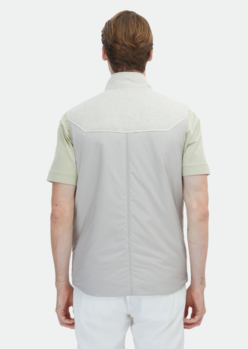 Bej Regular Fit Dik Yaka Casual Dokuma Spor Yelek - 6