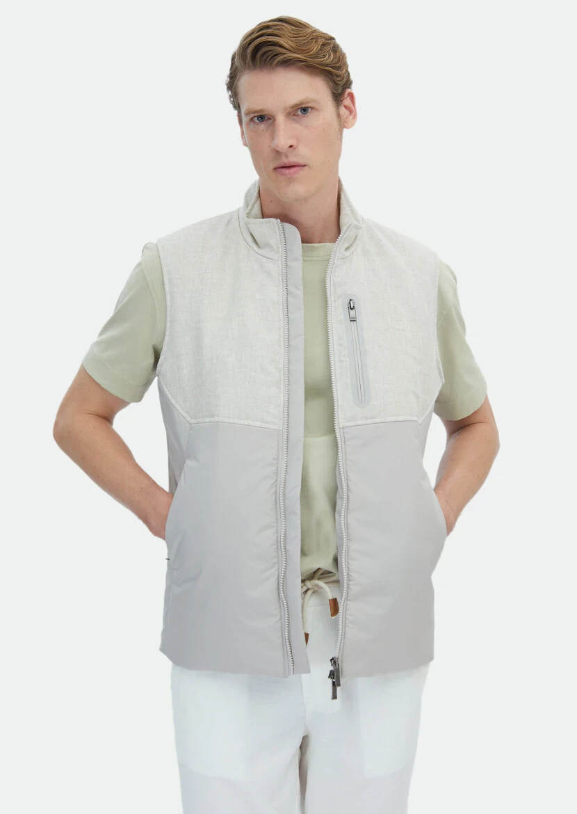 Bej Regular Fit Dik Yaka Casual Dokuma Spor Yelek - 1