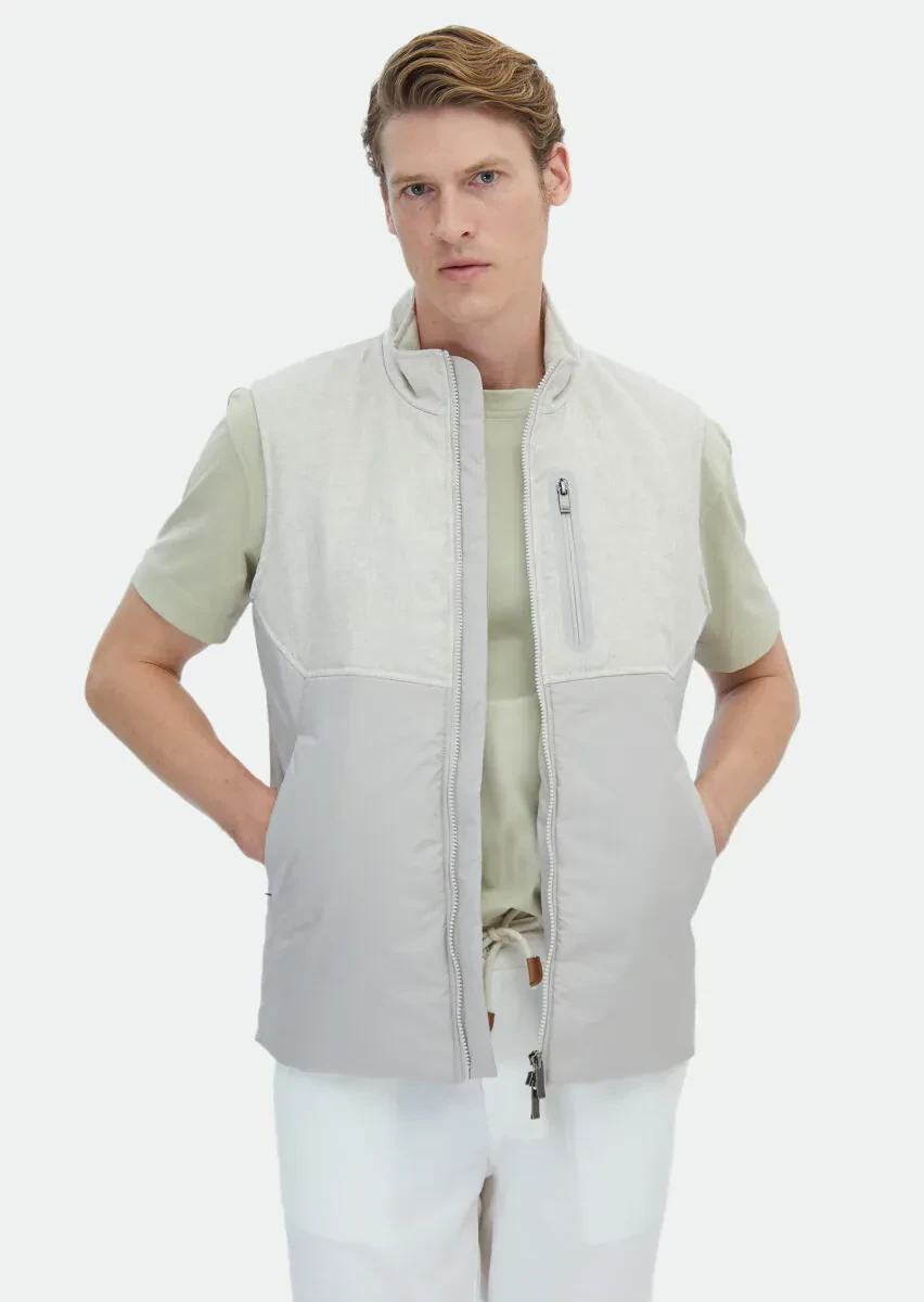Bej Regular Fit Dik Yaka Casual Dokuma Spor Yelek - 1