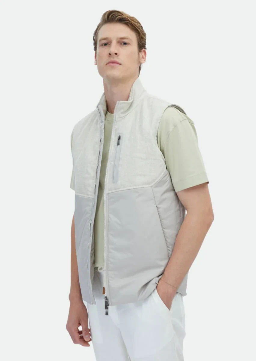 Bej Regular Fit Dik Yaka Casual Dokuma Spor Yelek - 3